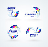 Fototapeta  - Set logo. Cmyk Print logotype. Cmyk sheets of paper and pipette ink. Template polygraphy design vector.
