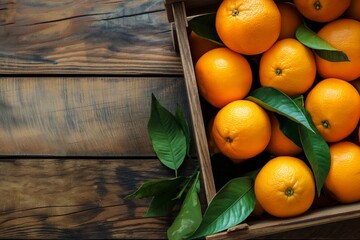 Oranges with leaves in an old box on a wooden table, orange with leaves, orange closeup, orange on a wooden table, orange, healthy food, healthy concept