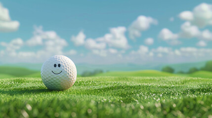  Golf ball with a smiling face on a meadow