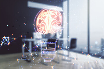 Aufkleber - Double exposure of creative light bulb hologram with human brain and modern desktop with laptop on background, idea and brainstorming concept