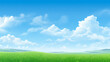 Green grass lawn with clouds on blue sky
