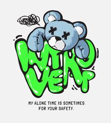 introvert graffiti style slogan with cartoon bear doll hand drawn graphic vector illustration