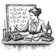 female scientist working with complex equations and early laboratory equipment sketch engraving generative ai fictional character raster illustration. Scratch board imitation. Black and white image.