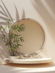 Wall Mural - empty beige podium with circle frame background for product presentation, featuring plants and minimalistic geometric elements