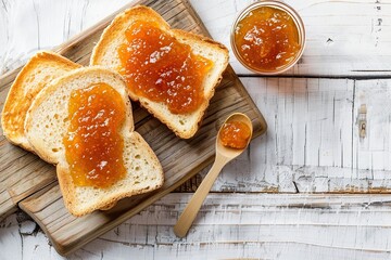 Wall Mural - Toast breads with sweet apricot jam on wooden table