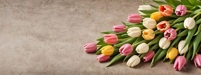  Tulips on the gray background. Colorful Tulips on Concrete with space for copy. A bouquet of flowers for the holiday.