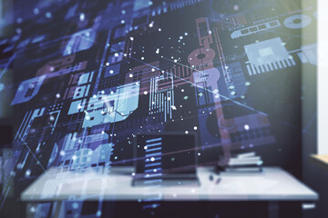 Aufkleber - Abstract creative coding concept and modern desktop with computer on background. Multiexposure
