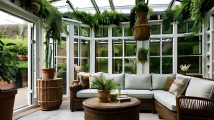 Wall Mural -  A botanical-inspired conservatory with lush greenery and wicker furniture 