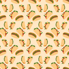 Wall Mural - Mexican fast food seamless pattern. Tacos endless background. Grilled beef with vegetable sandwich repeat cover. Vector illustration.