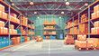 Interior of large warehouse with goods in wooden container