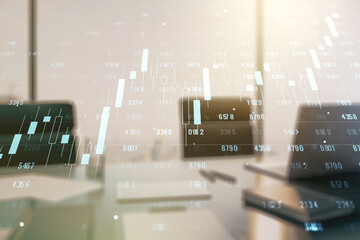 Poster - Abstract creative stats data concept and modern desktop with computer on background. Multiexposure