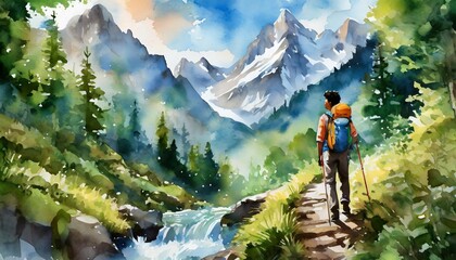 people hiking exploring the mountain lush greenery and flowing streams river, digital watercolor painting