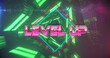 Image of level up text banner over neon green glowing tunnel in seamless pattern