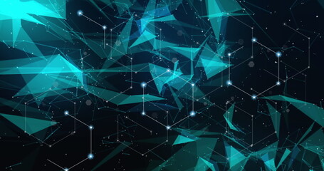 Poster - Image of connections and green shapes over black background