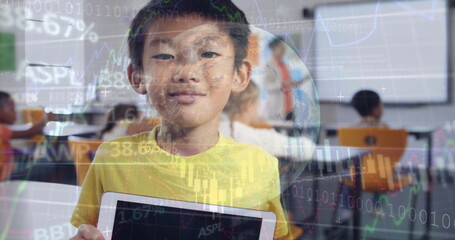 Poster - Image of asian boy holding digital tablet over globe, trading board and programming language