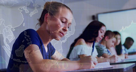 Poster - Image of teenage girl with multiracial students writing notes in classroom over globe and graphs