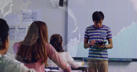 Poster - Image of asian boy giving presentation in class using digital tablet over rotating globe, graph