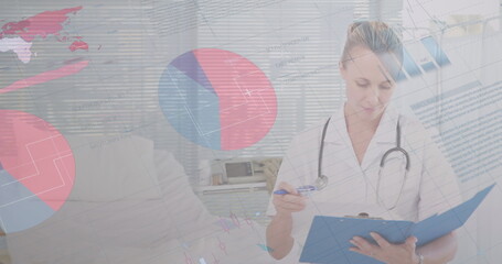 Poster - Image of data processing over caucasian female doctor writing