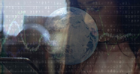 Poster - Image of globe, graphs and binary codes over asian teenage girl studying over digital tablet