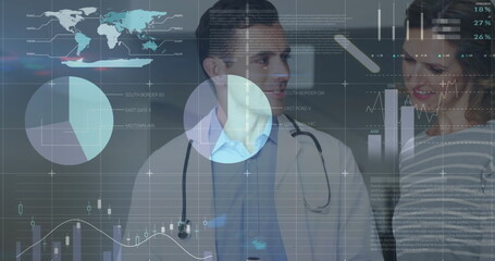 Poster - image of statistics and data processing over caucasian male doctor and female patient