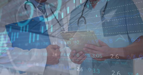 Poster - image of statistics and data processing over midsection of caucasian male doctors