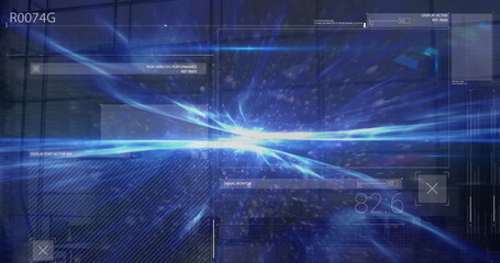 Poster - Image of data processing over business people walking and light trails