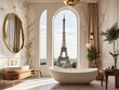 Parisian apartment, bathroom with modern retro furnitures. Eifel tower view. 