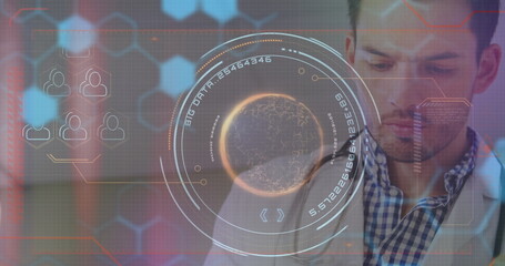 Poster - image of scope scanning, icons and data processing over caucasian male doctor
