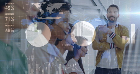 Poster - Image of infographic interface over caucasian man looking at his partner at office