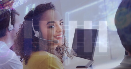 Poster - Image of infographic interface over smiling african american woman using headphones at office