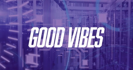 Poster - Image of good vibes text and data processing over server room