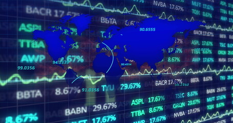 Poster - Image of lines over map, graphs and trading board against abstract background