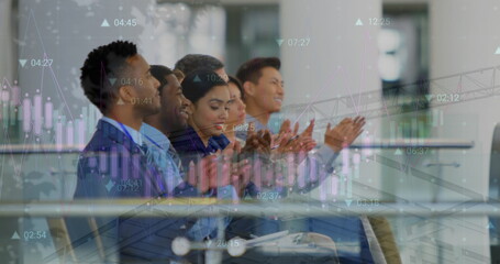 Poster - Image of data processing over diverse business people in office