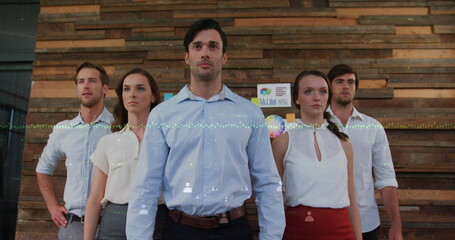 Poster - Image of financial data processing over diverse business people at office