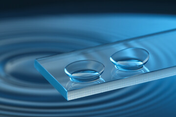 Wall Mural - Pair of contact lenses on glass against blue background, closeup