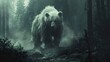 Spectral bear form, misty forest scene, close-up, straight-on shot, enigmatic early fog 