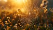 Sparkling dew on spider web, close-up, straight-on angle, forest dawn, spring awakening 