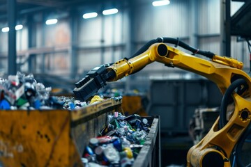 Wall Mural - Robotic arm in industrial setting sorting recyclable materials at waste management facility