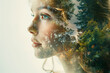 Creative double exposure portrait of attractive woman with forest environment and conservation concept
