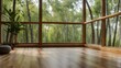 A tranquil yoga studio with bamboo flooring and panoramic views of nature 