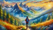 © fidznet - Illustrations of hiking trekking mountains, surrounded by vibrant colors of nature, oil painting