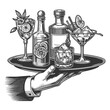 hand serving a tray with assorted retro cocktail glasses, garnished with fruits sketch engraving generative ai fictional character raster illustration. Scratch board imitation. Black and white image.