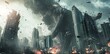 City skyline in disarray, with towering buildings crumbling and debris flying as colossal creatures, titans, monster cause a rampage.