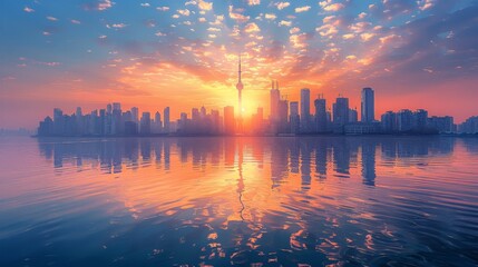 Canvas Print - Stunning Sunset Over Cityscape With Clouds