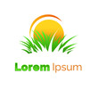 logo on the theme of grass cutting with grass and sun.