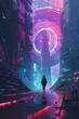 A futuristic, sci-fi-inspired scene featuring a high-tech explorer navigating a neon-lit path in a digital landscape. The dynamic composition, with vibrant cyberpunk colors