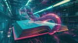 A futuristic representation of a bookworm coiled around a holographic book in a virtual reality environment. The holographic pages showcase diverse genres and ideas