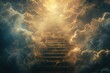 A grand staircase ascending through the clouds, surrounded by celestial light. Each step is adorned with intricate patterns and divine symbols, creating a path to the heavens. 