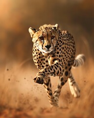 sleek cheetah in mid-stride, its lithe form elegantly depicted against a blurred background.