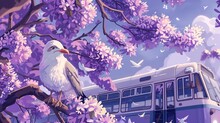 Jacaranda Flower Cartoon Illustration, White Seagull, Purple Bus, Cartoon Illustration